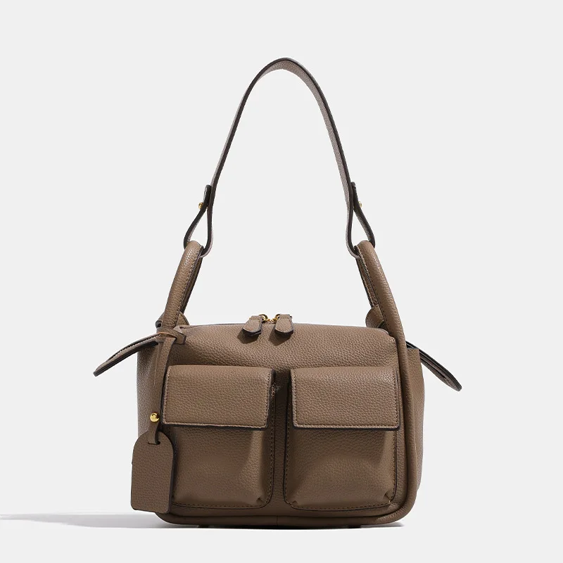 Maxdutti Italian Fashion Leather Bag Candy Color Pocket Bag Women Retro Large Capacity Tote Bag Commuter Leisure Single Shoulder