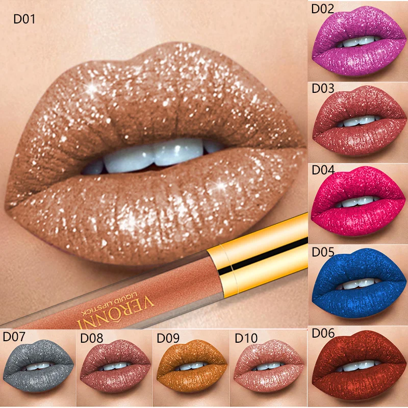 Flüssiger Lippenstift mit Glitzereffekt, schimmernder, glänzender Lipgloss, perlmuttartiger Lippenton, wasserfest, langanhaltend, matt, Diamant-Lippenglasur_voghion.com