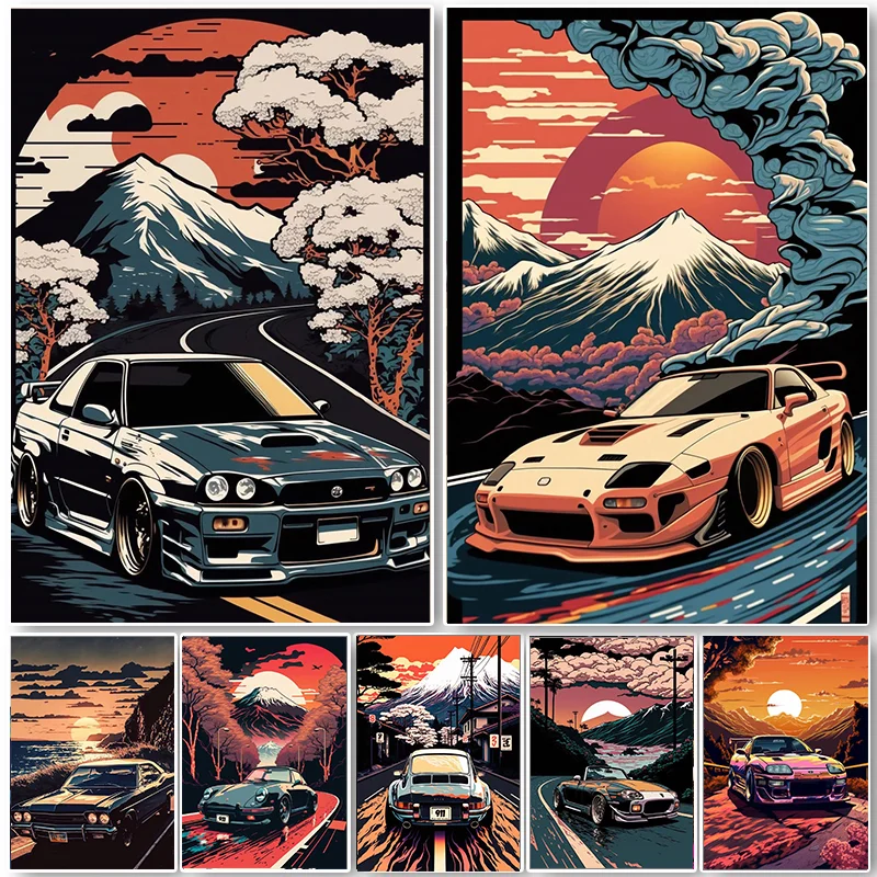 80s Retro Car Japanese Landscape Poster GTR Luxury Cars Canvas