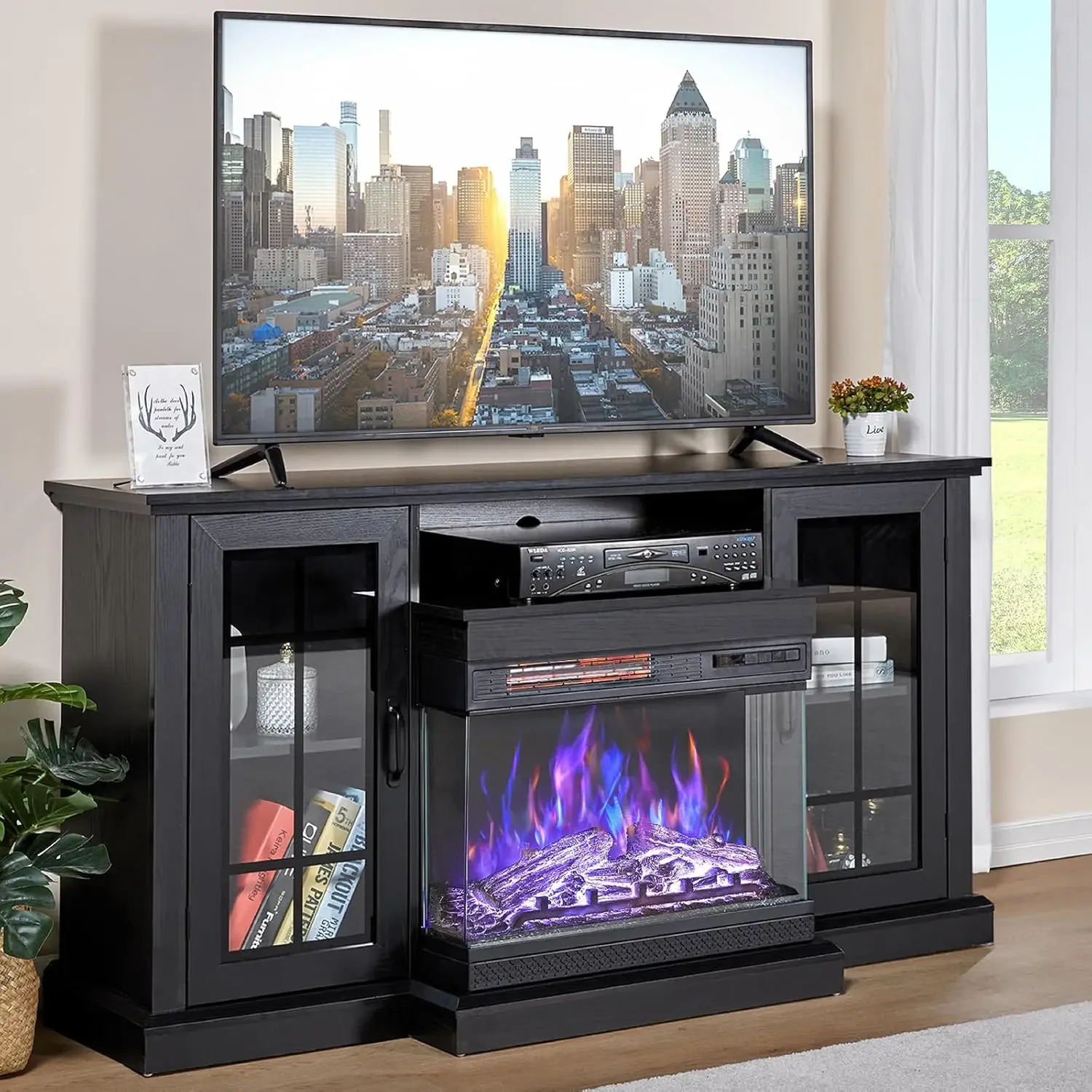 NEW-3-Sided Glass Fireplace TV Stand for TVs up to 65'', Media Entertainment Center Console Table with Door Closed Storage, Blac