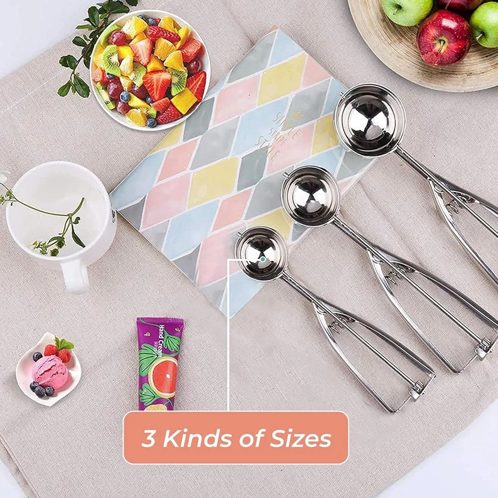 Ice Cream Scoop 3PCS/Set Stainless Steel Ice Cream Scoops Set for Baking Easy To Clean Highly Durable Ergonomic Handle Cookie Dough Scoop Set