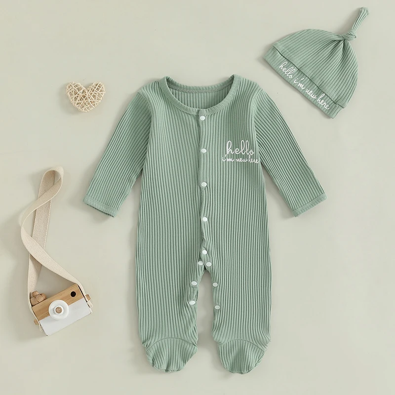 Baby Boy Footie Romper Casual Letter Print Long Sleeve Ribbed Jumpsuit with Cute Hat Set for Newborn Infant Fall Clothes