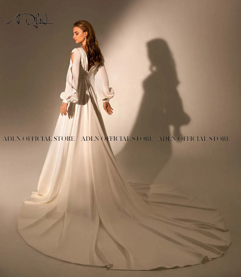 Chic V-neck Full Sleeves Boho Wedding Gowns High Split Chiffon Bride Gown 2023 Long Train Bohemian  Dress vestido de novia 5