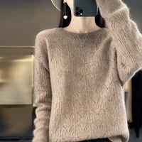 BELIARST vêtements pour femmes pull printemps et automne nouveau tricoté haut creux 100% laine mérinos col rond pull pull en cachemire 5