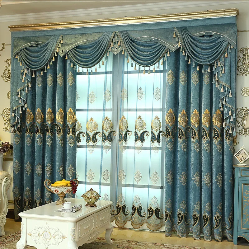 High-end European Embroidered Chenille Curtains For Bedroom Living room Villa Luxury Blue Blackout Window Treatment Customized