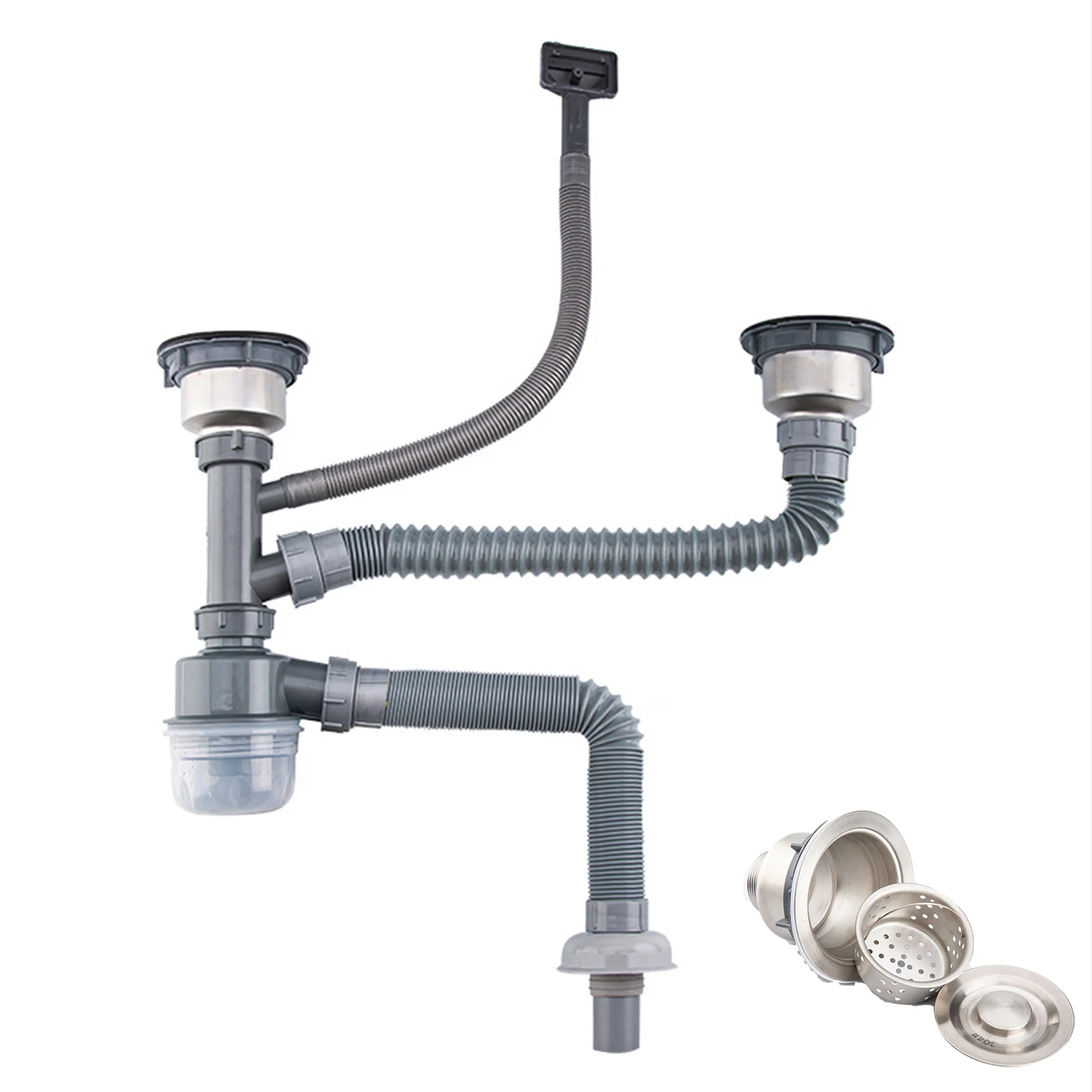 Kitchen Sink Drain Hose Set Double Head Double Filter Anti-odour Stop Valve Washbasin Bathroom Kitchen drain pipe set,sink drain filter