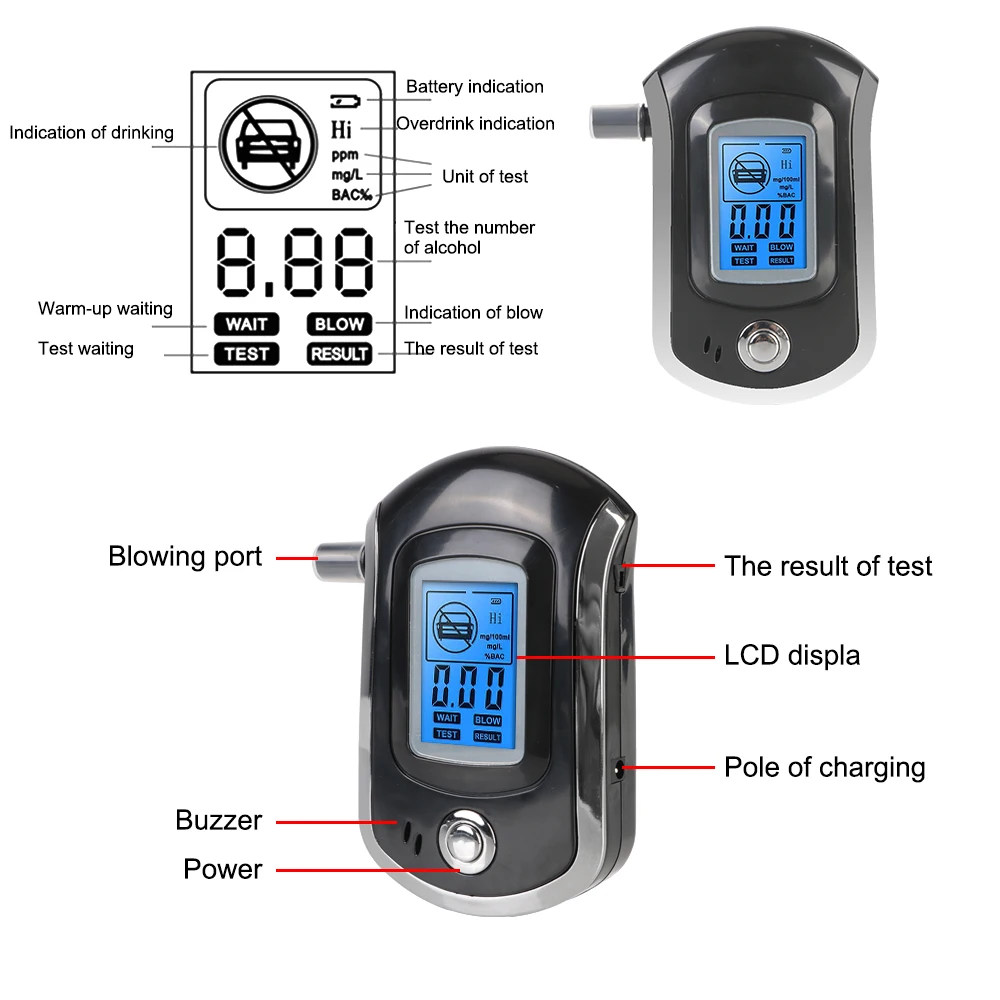 Digital Breath Alcohol Tester Mini AT6000 LCD Screen Drunk Driving Analyzer Professional