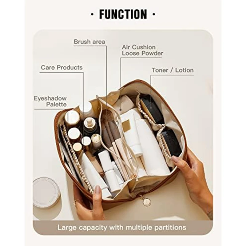 Travel Makeup Bag,Waterproof Portable Pouch Open Flat Toiletry Bag Make Up Organizer With Divider And Handle(Brown) Durable 3