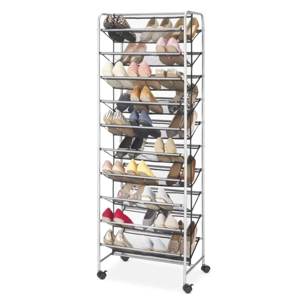 

10 Tier 60 Pair Metal and Mesh Rolling Shoe Rack