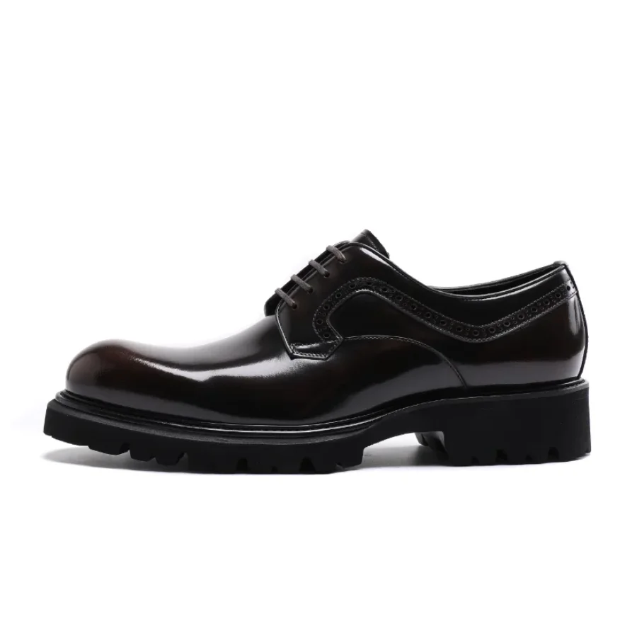 Herren-Business-Schuhe aus echtem Leder mit runder Spitze, Pendler-Formelle Business-Schuhe, glänzendes Leder, Derby-Schuhe mit dicker Sohle für Jugendliche, Hochzeiten und Bräutigam. – Detail 7