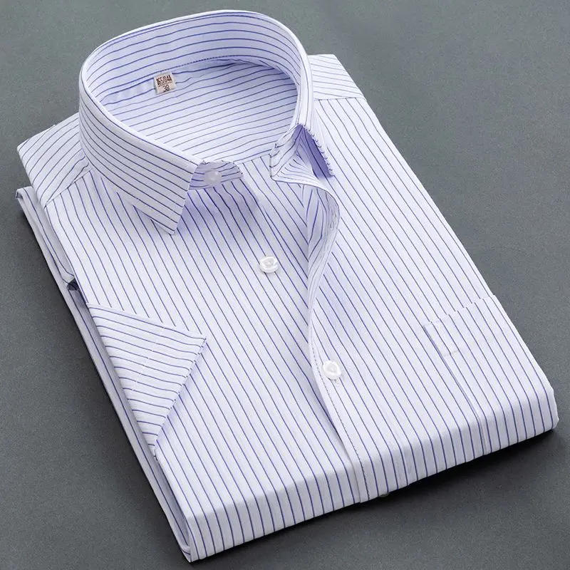 

Men's Short Sleeve Shirts Striped Blue Formal Business Dress Shirts Summer Thin Slim Fit Social Solid Color Plus Size S-8XL