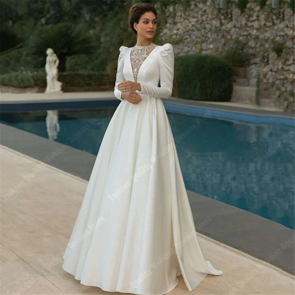 

Simplicity Satin Surface Wedding Dresses New Smooth Long Sleeves Bridal Gown Formal Party Floor Mopping V-Neck Vestidos De Novia