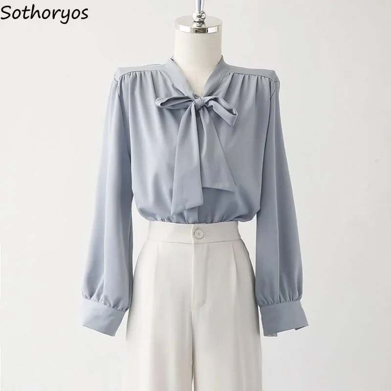 

Shirts Women Sweet Bow Collar Temper Simple Solid Aesthetic Office Ladies Inside Lovely Blusas All-match Ins Stylish New Arrival