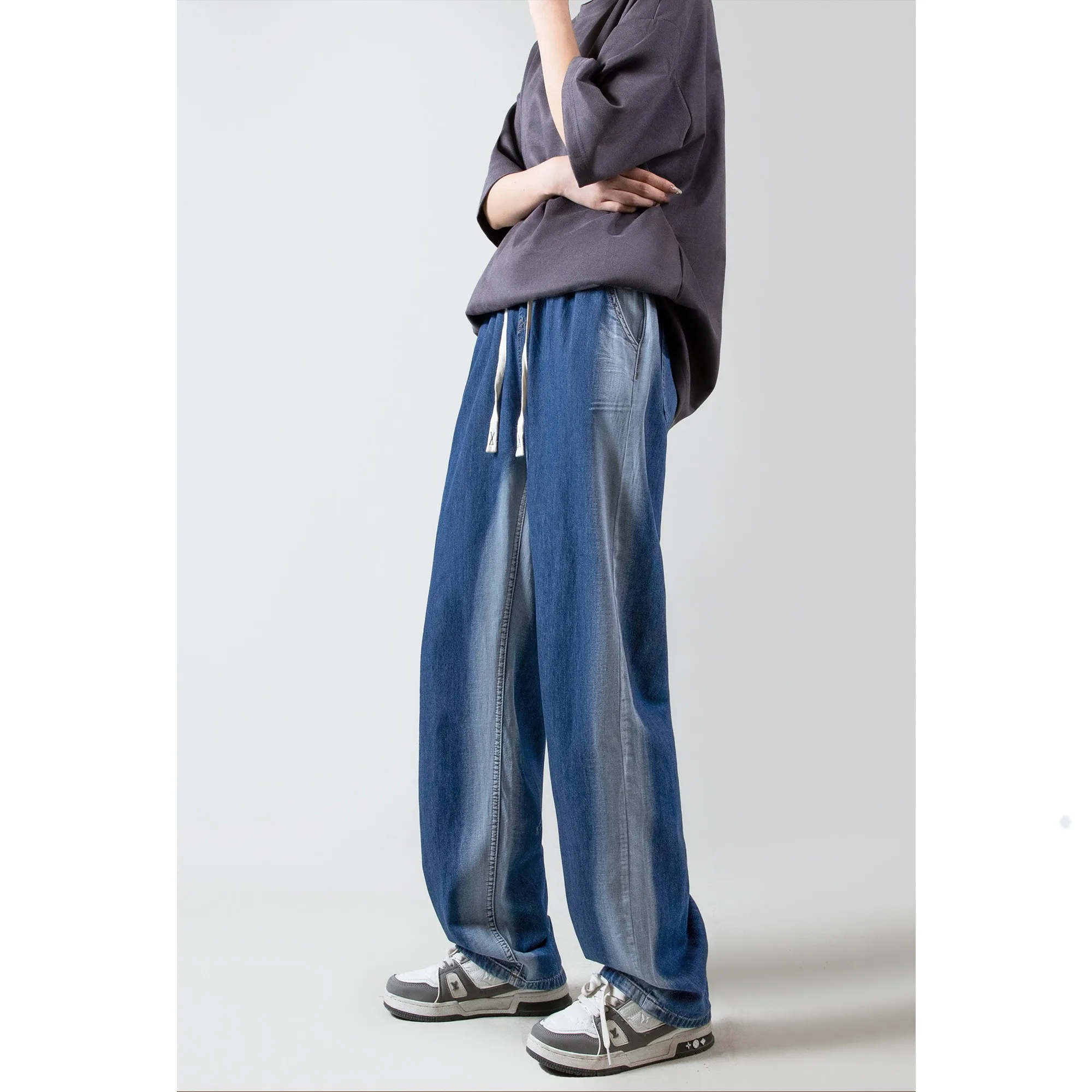 

2023 Summer New Men's Fashion Trend Jeans Ventilate Casual Pants Blue Color Loose Elastic Waist Trousers S-2xl