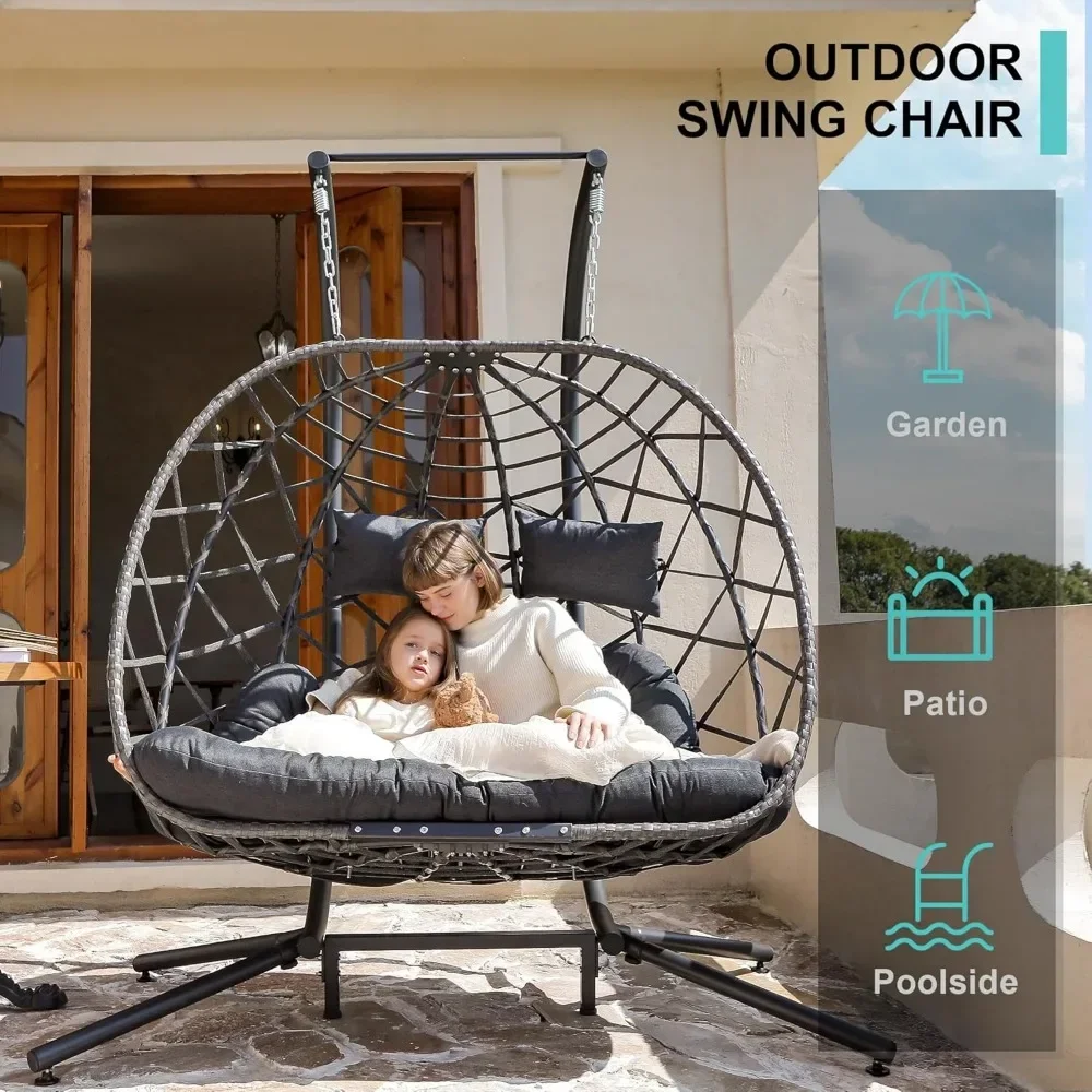 Double Egg Swing Chair with Stand, 2 Person Wicker Hanging Chair with Stand, Outdoor Indoor Oversized Hammock Chair 4