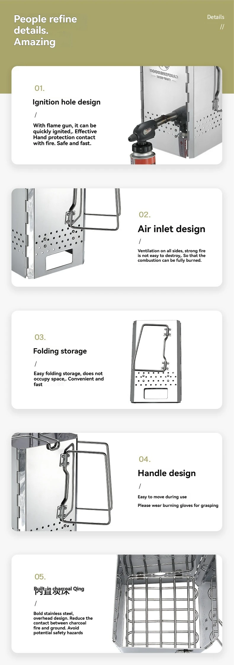 MT-18 CAMPINGMOON faltbarer tragbarer Zünder, Holzkohleofen, Herd, mit Aufbewahrungstasche, Grill, vier Ecken, Holzkohleofen – Detail 5