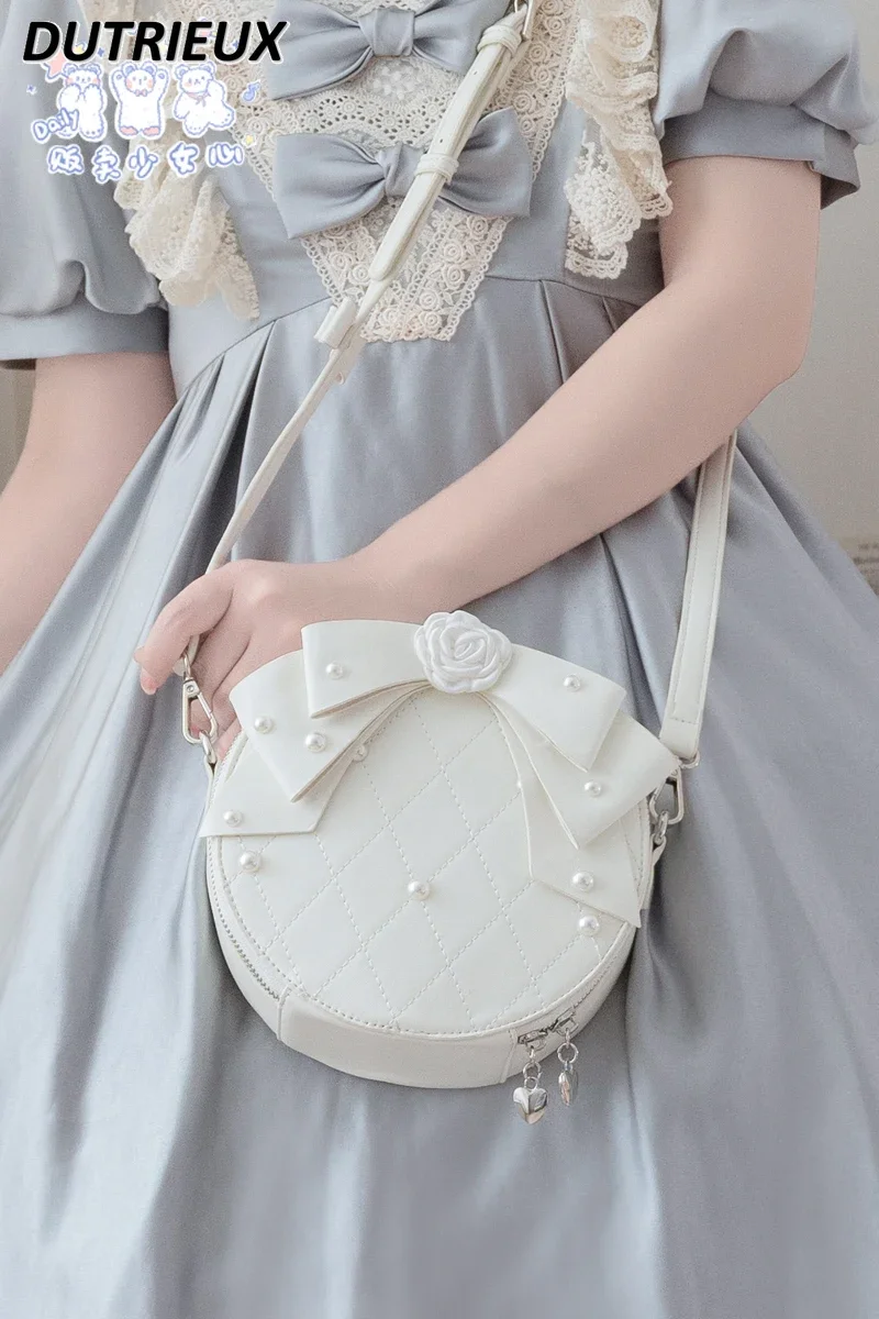 Lolita Bag Pearl Round Pie Bag Elegant Handbag Sweet Cute Crossbody Hand-Carrying Dual-Use Fashion Japanese Style Cosmetic Bags