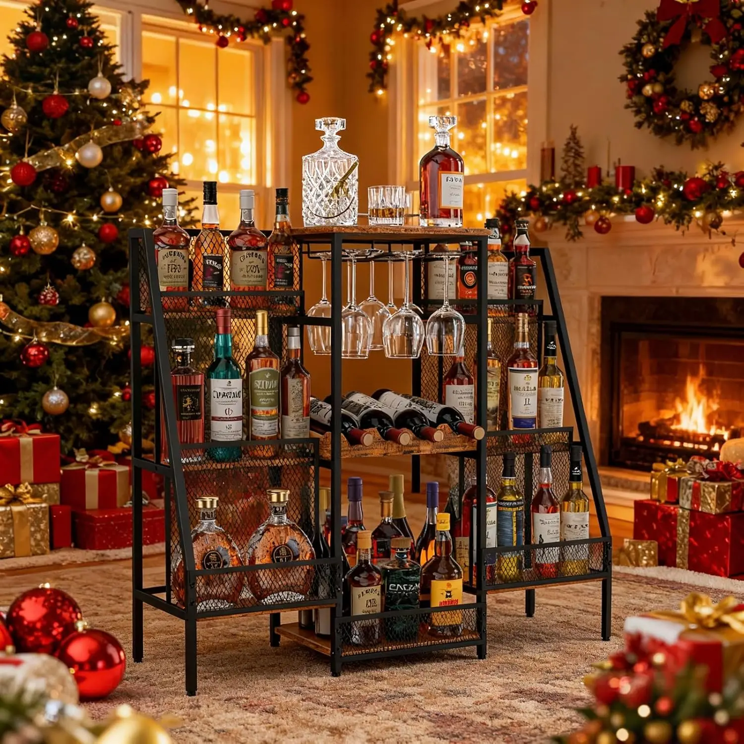 6-Tier Freestanding Wine Rack with Glass Holders & Fences, Large Bar Cabinet for Home Liquor Storage