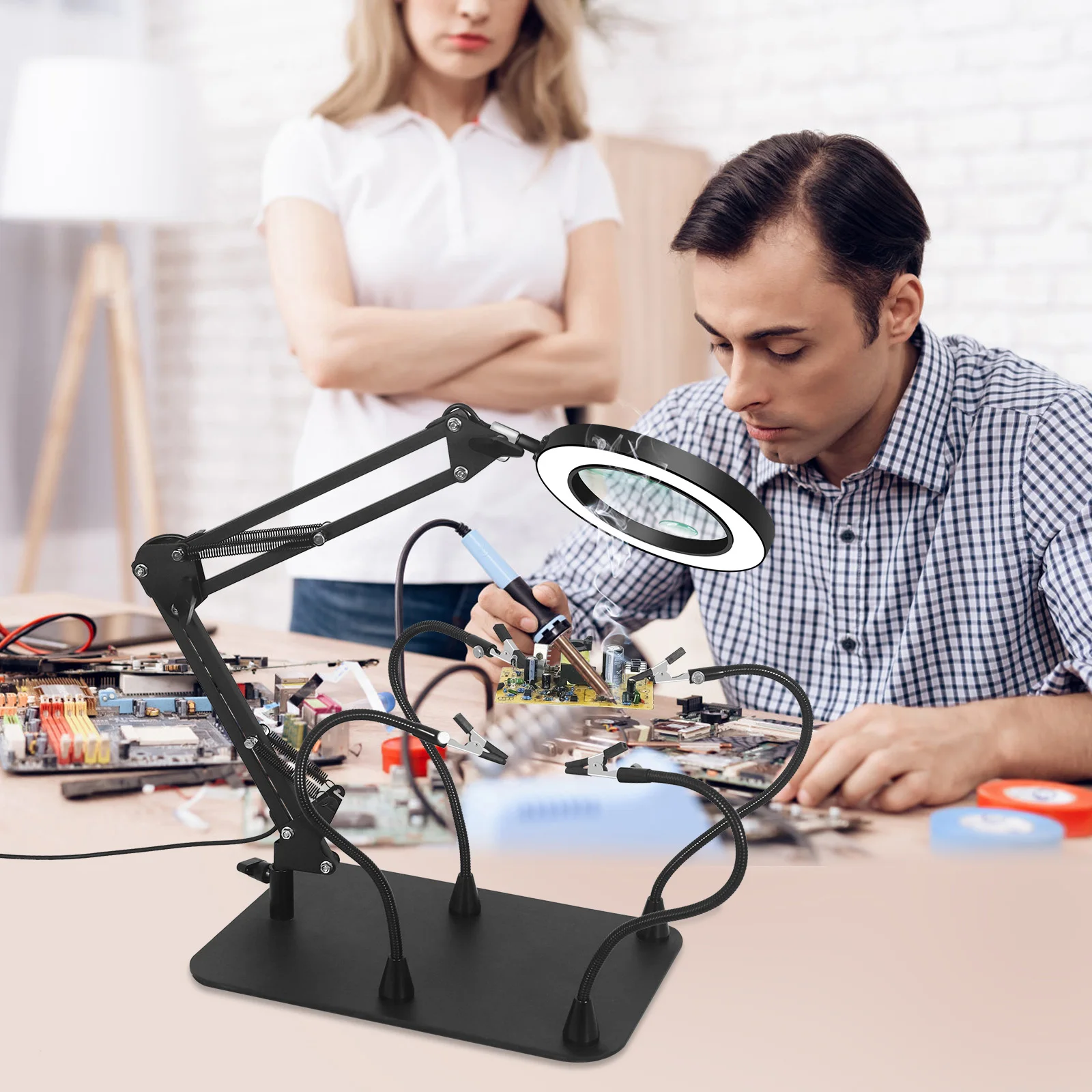 Toolour 5X 10X Magnifying Glass with Light and Stand 3 Lighting Dimmable Magnifier Soldering Magnifying Glass for DIY Close Work 6