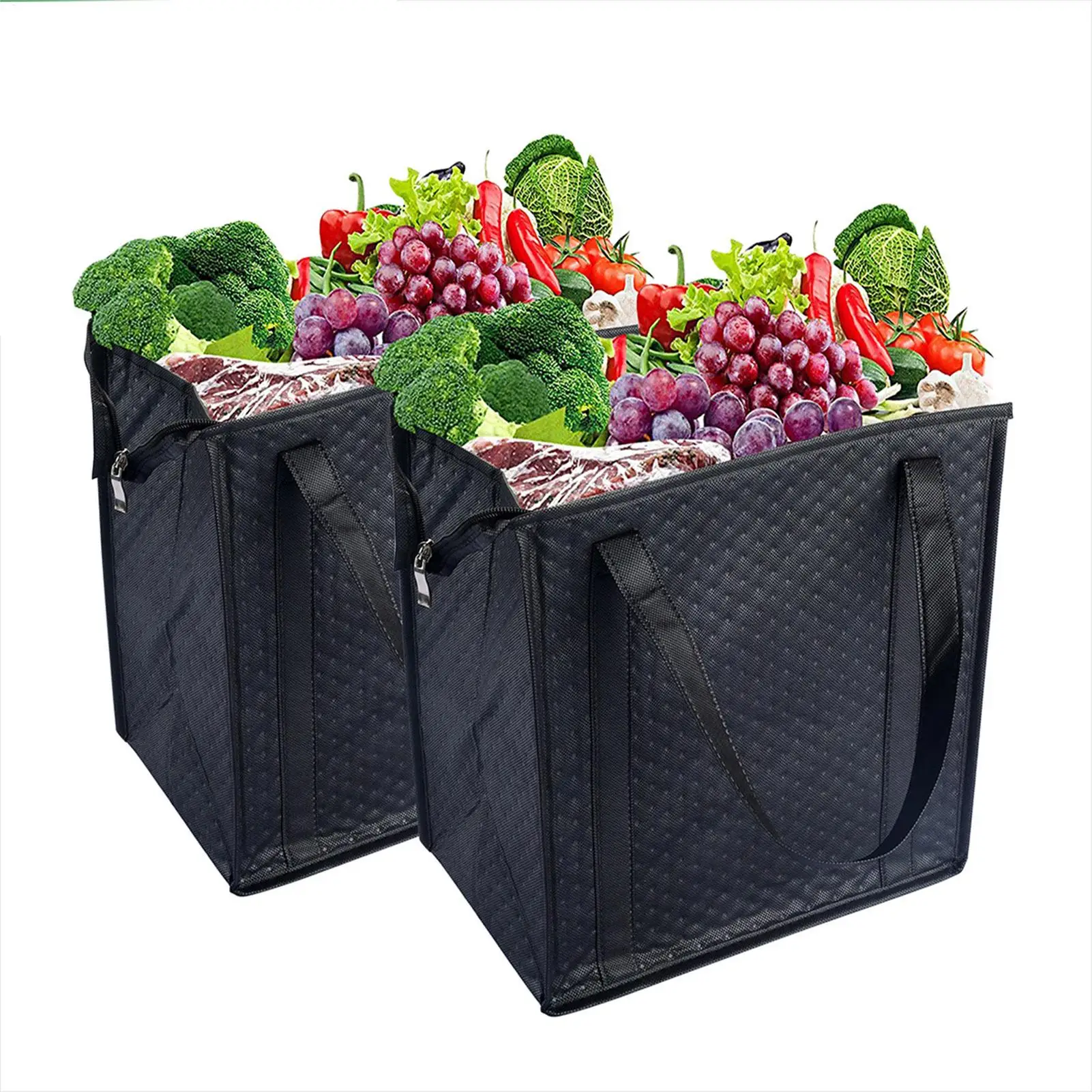 Insulated Reusable Tote Bags - Set of 2 for Groceries and Picnic Supplies with Zipper Closure