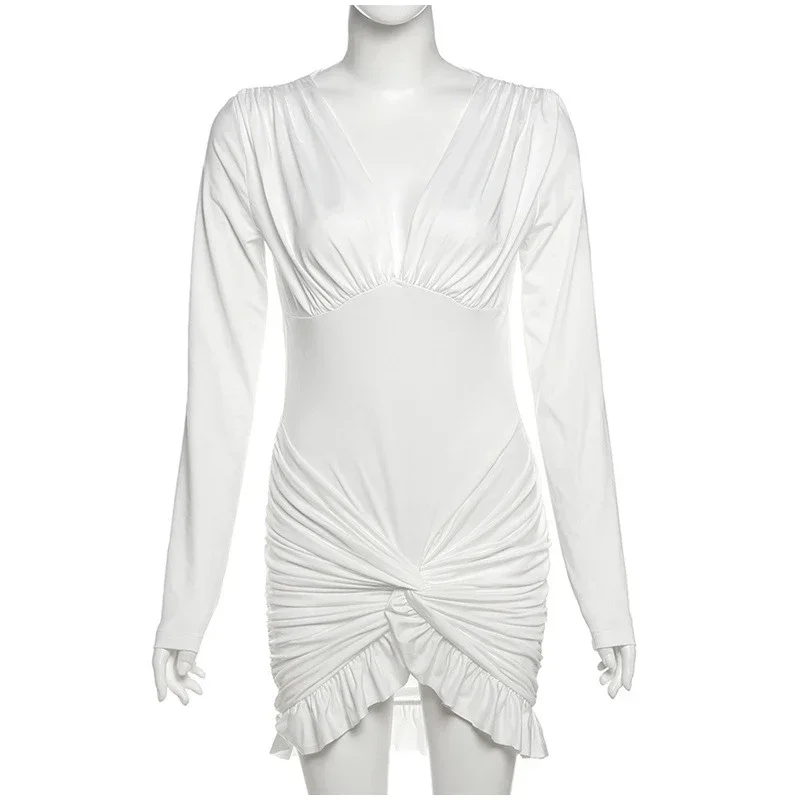 V-ausschnitt Schlank Gefaltetes Kurzes Kleid Frau Taille Cinched Einfarbig Lange Ärmel Kleider Sexy Chic frauen Neue Vielseitige Mini kleid – Detail 10