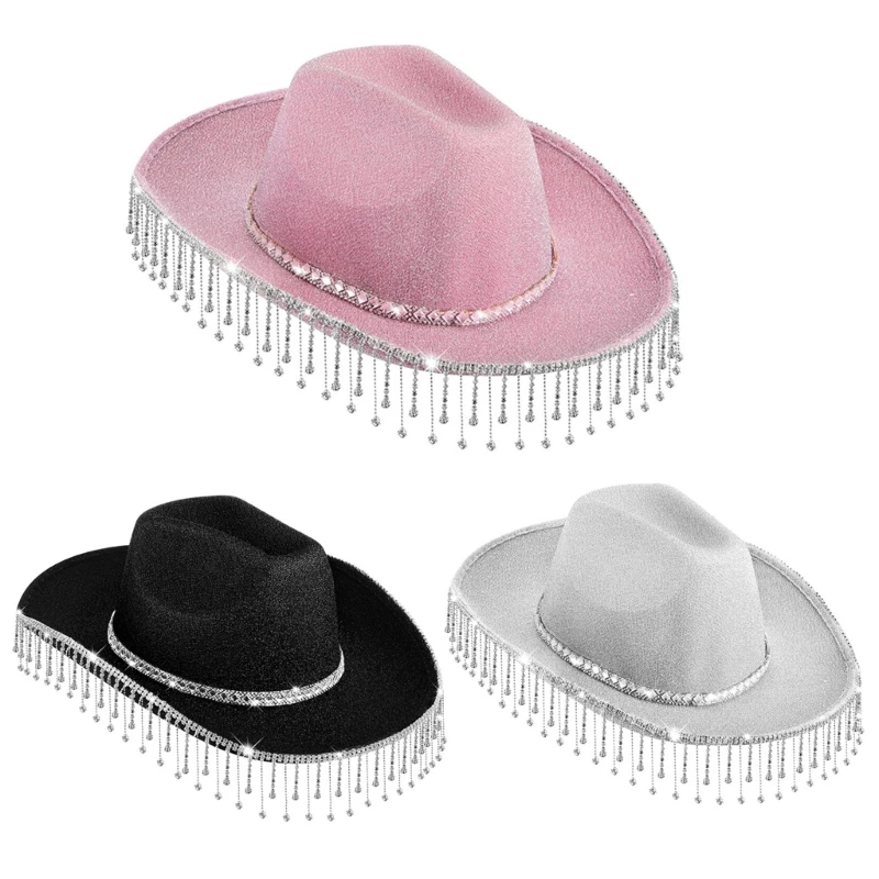 

Fringed Cowboy Hat Glittering Powder Wide Brim Cowboy Hat Teens Girl Fashion Nightclub Party Hat Photo Caps