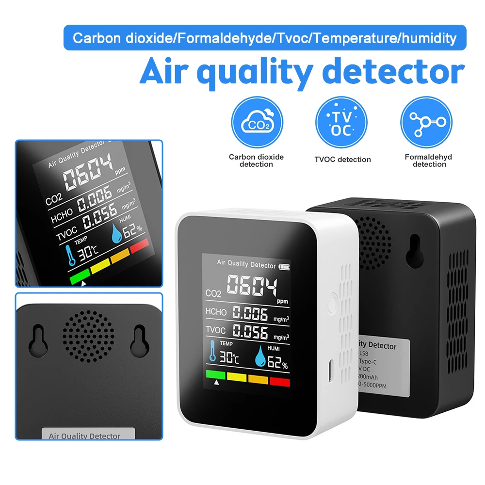 

5 IN 1 Gas Detector CO2 Meter Portable Temperature Humidity LCD Digital Display Multifunctional TVOC HCHO Air Quality Monitor
