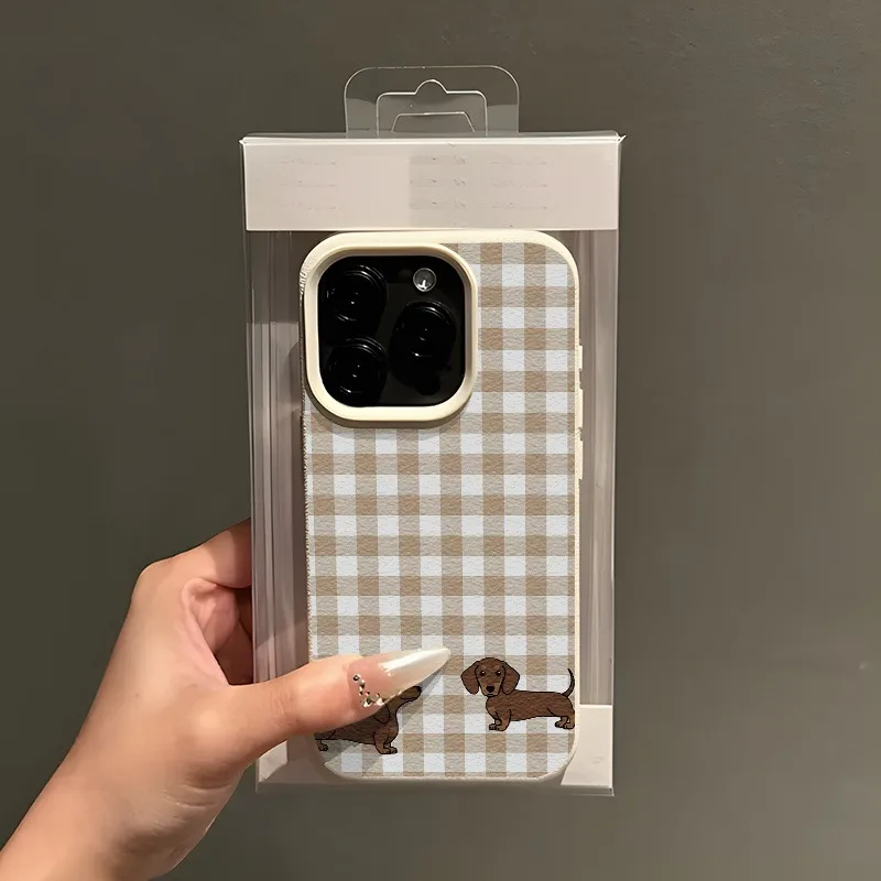 Plaid Sausage Dog Lychee Texture Phone Case - Soft Cover