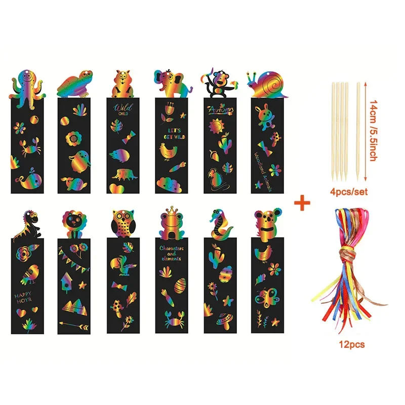 12pcs DIY Cartoon Bookmark Handwriting Scratch Painting Creative Colorful Scratch Paper Children's Painting Art Supplies