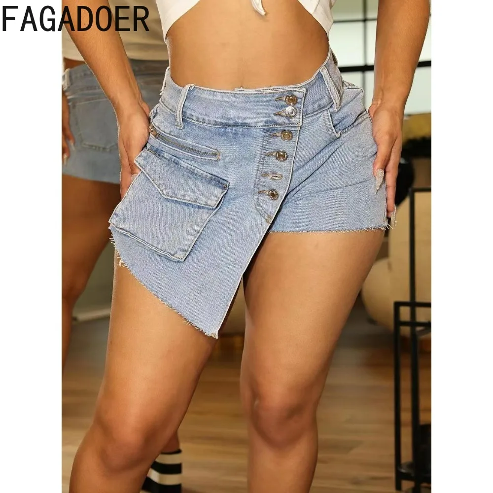 FAGADOER Blue Fashion Y2K Irregular Denim Shorts Women High Waisted Button Jean Shorts Casual Female Solid Cowboy Bottoms 2023