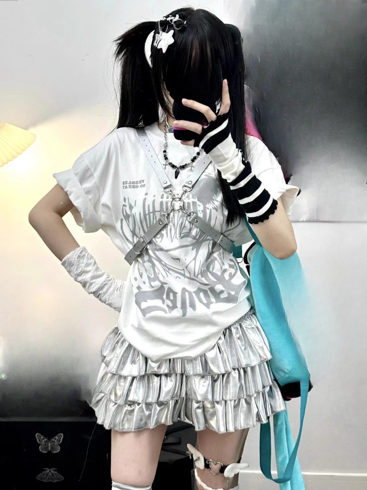 Y2k Aesthetic Silver Women Ruffled Skirts Harajuku Ball Gown High Waist Streetwear Mini Skirt Spring Sweet Vintage Cake Faldas 4