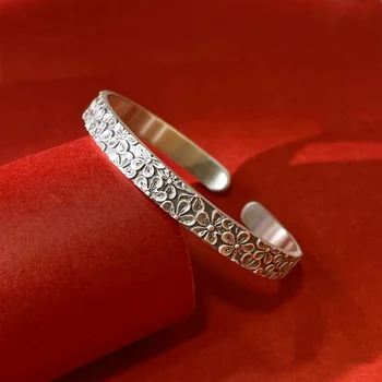 Flower Xiangyun plum blossom bracelet Solid opening Vintage fettles personality 925 full silver 1