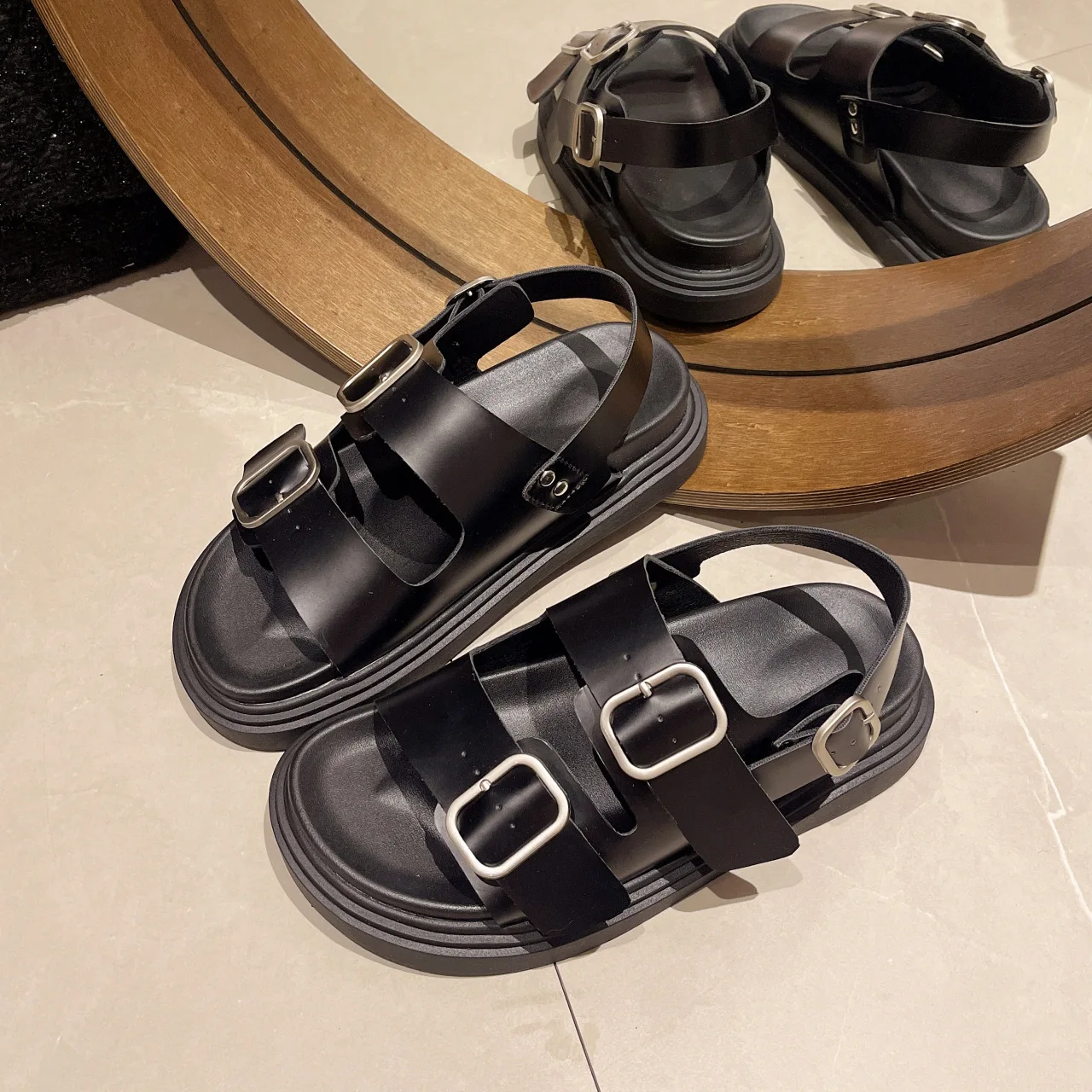 صنادل كعب سميك على الطراز الروماني للنساء صيفية را...