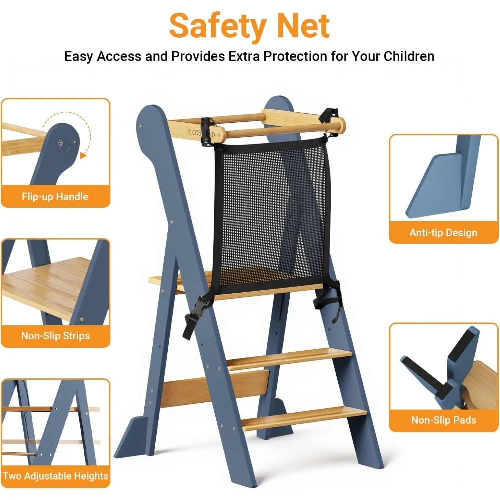 Foldable Adjustable Toddler Step Stool - Kitchen Bathroom Helper Tower for Kids 18 Months to 6 Years