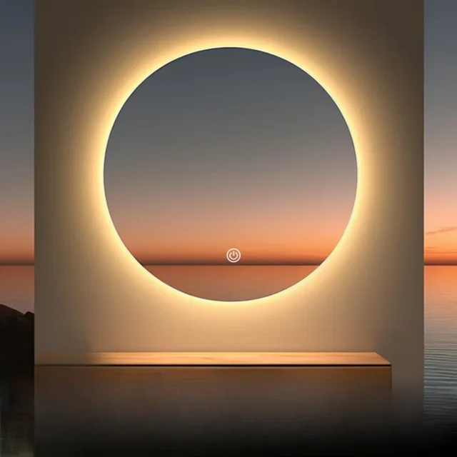 กระจกห้องน้ํากระจกอาบน้ําพร้อมสติกเกอร์ตกแต่งแต่งหน้าขนาดใหญ่โกนหนวดฝักบัวสมาร์ท Vanity ผนังห้องน้ํากาว LED 1