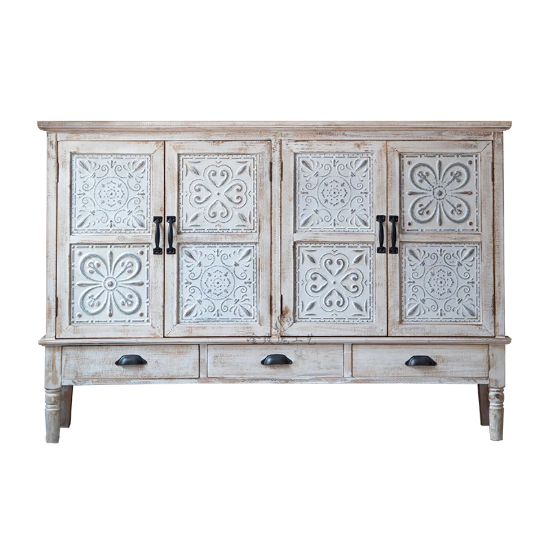 

Entrance Cabinet Solid Wood Vintage Engraving Distressed Sideboard Bed &amp