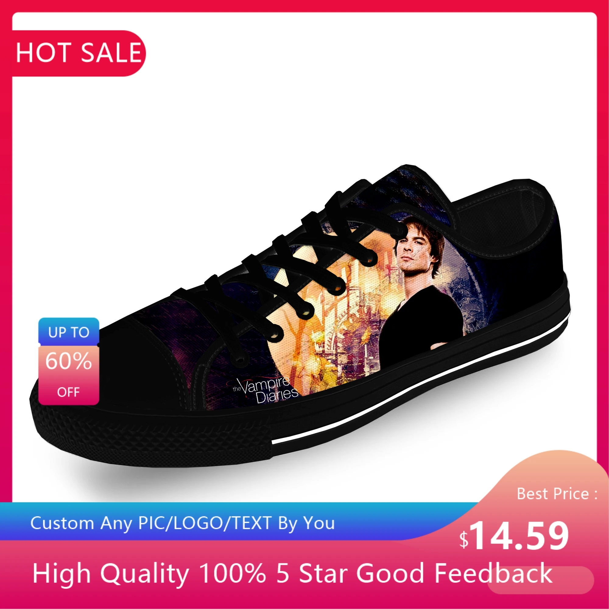 

Повседневные тканевые кроссовки с 3D принтом Дневники вампира Деймона Сальваторе, холщовые кроссовки с низким верхом для мужчин и женщин, легкие дышащие кроссовки