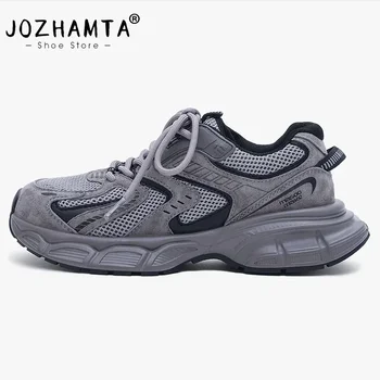 JOZHAMTA 여성용 경량 통기성 가죽 메쉬 스니커즈, 중간 두께 힐 용수철 플랫폼 슈즈, 사이즈 35-40, 2024 인치 패션