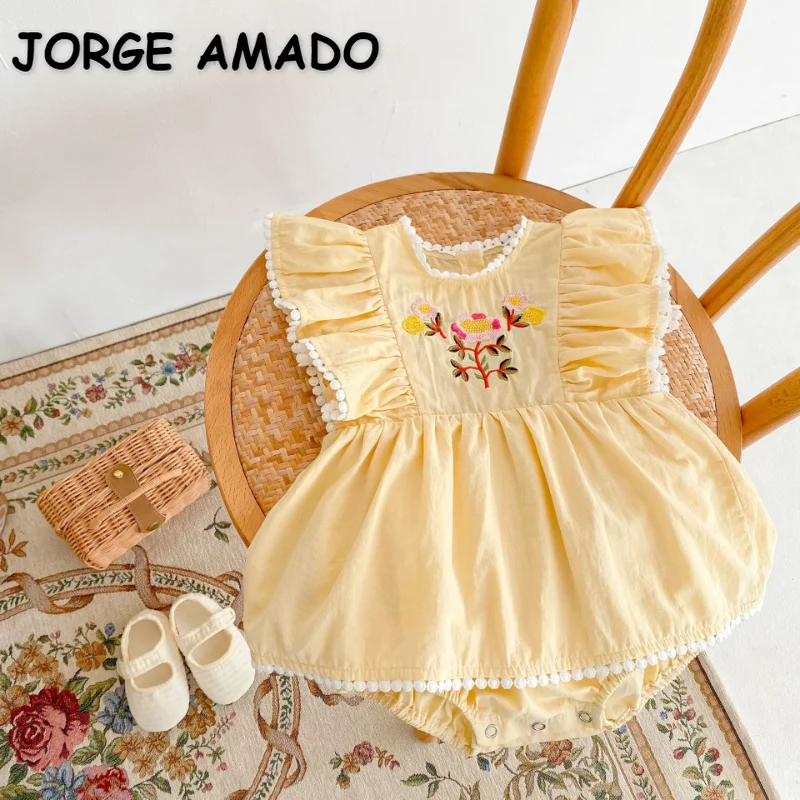 

Летний комбинезон для маленьких девочек с цветочной вышивкой, кружевной комбинезон с круглым вырезом и расклешенными рукавами, модная одежда для ползания для младенцев, E61014