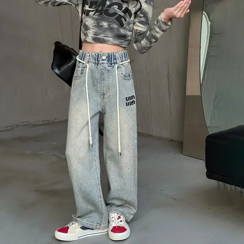 Girl's Hot Diamond Embroidered Jeans 2024 Spring Children Kids Wide Leg Pants  Korean Edition Loose Trousers for Girls 120-170cm