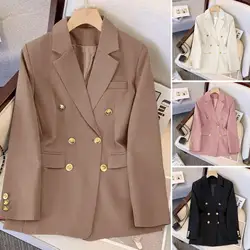 Women Casual Blazer Double Breasted Suit Jacket Korean Version Pure Color Loose Fashion Suit Jacket Simple Office Ladies Tops