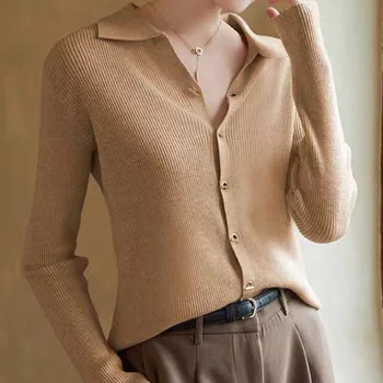 Chic Turn-down Collar Long Sleeve Sweater Autumn Winter Elegant Fashion Solid Knit Cardigan Women Clothing All-match Button Tops