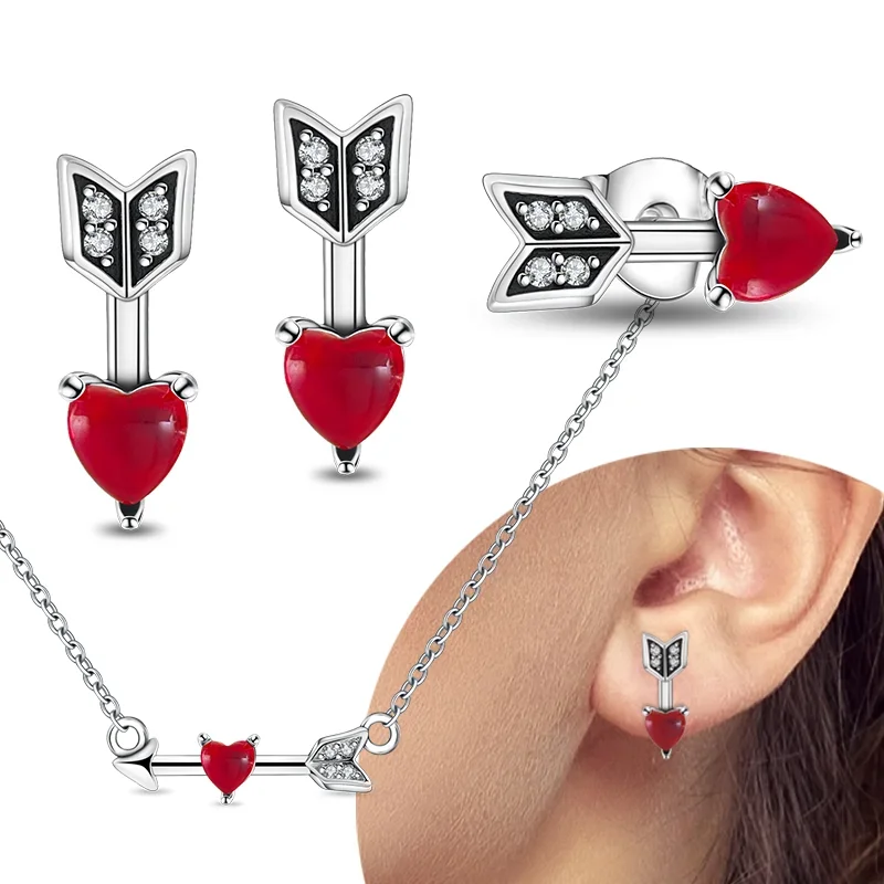 Sterling Silver 925 The Arrow of Love Red Heart Charm Earrings Necklace for Women Valentine's Day Fine Jewelry Gift, jewelry set, silver jewelry, silver jewelry set