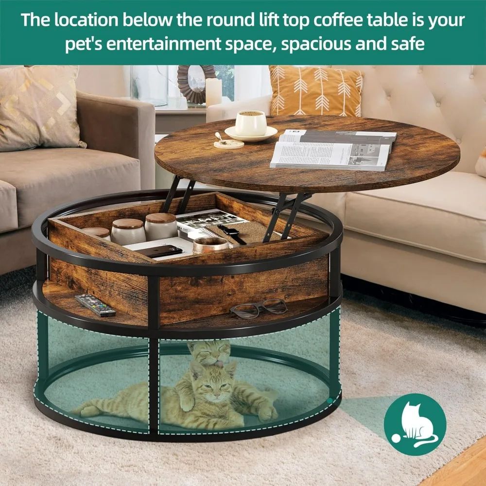 Round living room coffee table, Lift coffee table with storage, Wooden table with hidden storage compartment