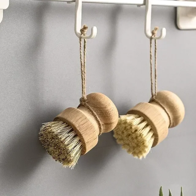 Brosse à vaisselle de cuisine avec manche en bois et noix de coco en sisal, outils de nettoyage multifonctions, brosse à récurer 2