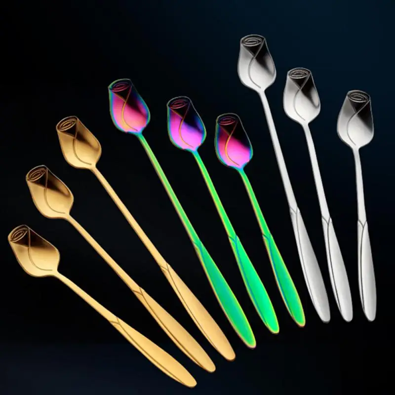 Stainless Steel Spoon Long Handle Stainless Steel Coffee Spoons Rose Stirring Spoon Teas Coffee Flower Shaped Spoons For Picnic Stirring Kitchen Tool