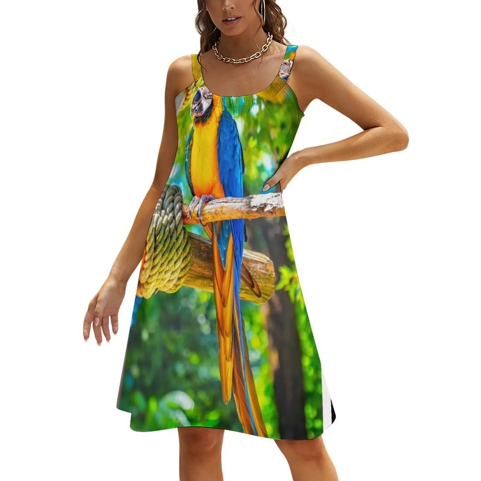 

vertical parrot ara ararauna perch colorful background Beach Sling Skirt Dress for pregnant women long sleeve dress