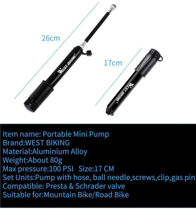 West Biking 100psi Mini Fahrrad pumpe Aluminium legierung Fahrrad Hand Luftpumpe Reifen Inflator Schrader Presta Ventil MTB Rennrad pumpe – Detail 2