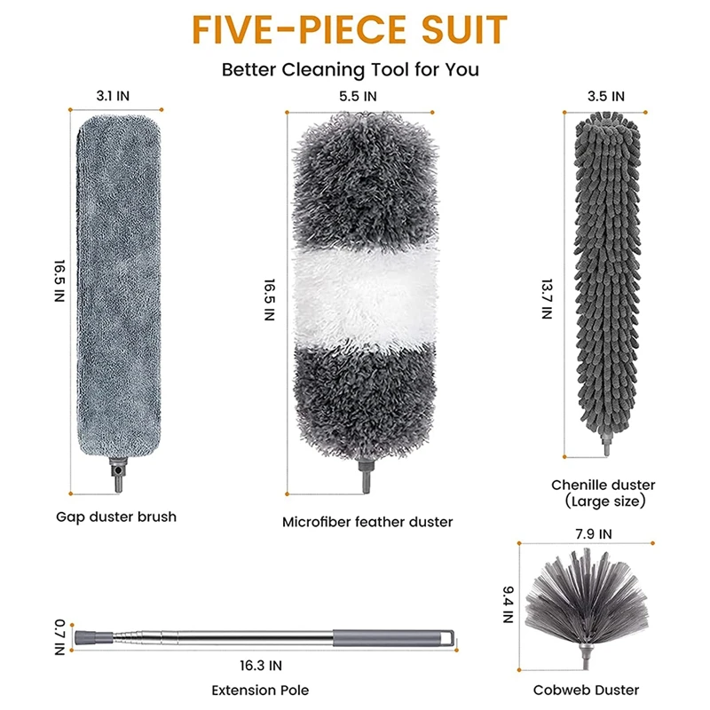 Microfiber Feather Duster 5 Pieces With Extension Rod Reusable Flexible And Washable Duster