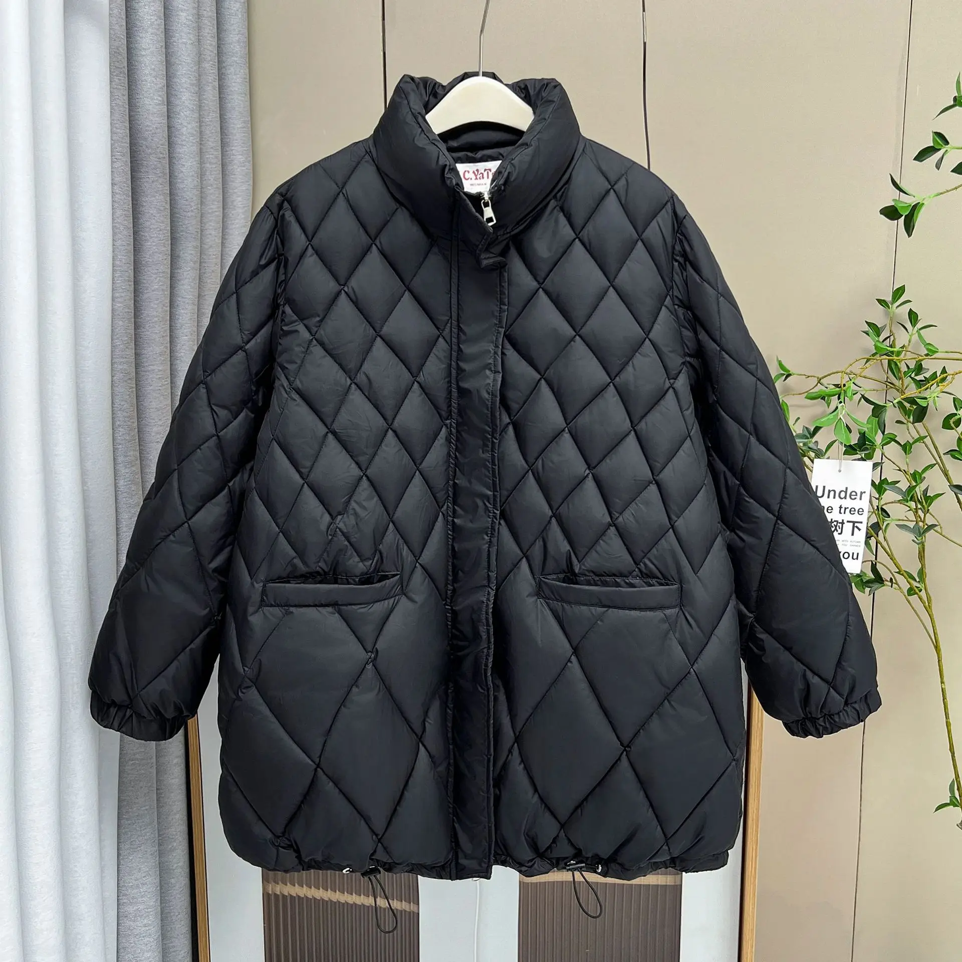 XXXXXL Fashion Plus Size Women's Parkas Winter Wear Loose A Version Stand Collar Thickened Argyle Medium Length Padded Coat 6856
